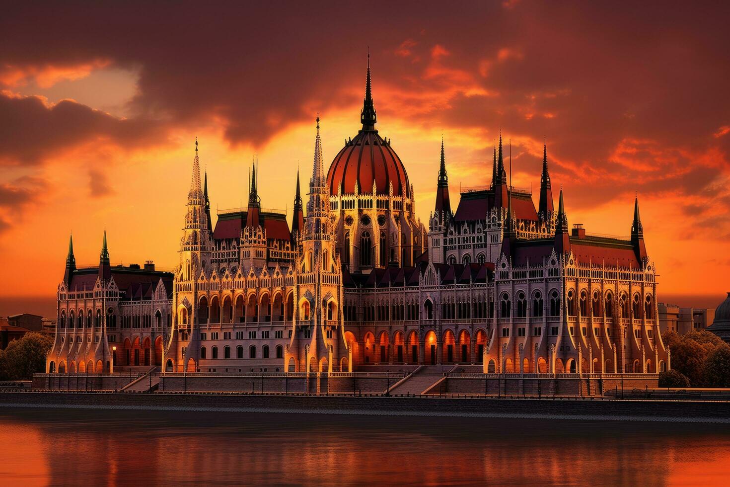 hongrois parlement bâtiment dans Budapest à le coucher du soleil. Hongrie. L'Europe , hongrois parlement, Budapest à coucher de soleil, ai généré photo