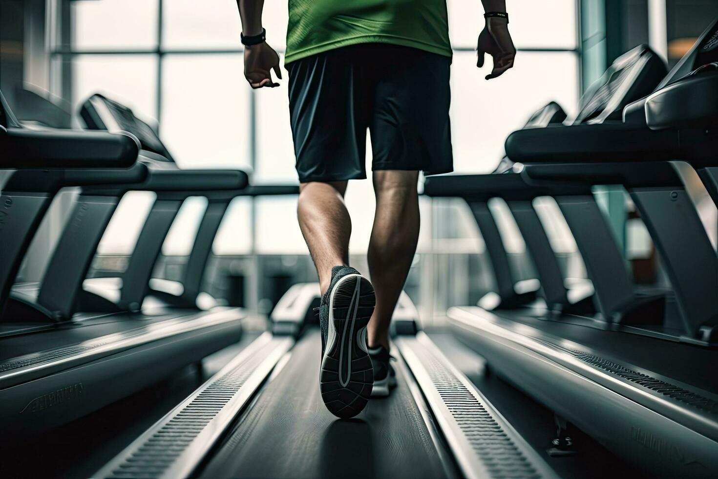 Jeune homme fonctionnement sur une tapis roulant dans une moderne salle de sport. tonique image, homme en marchant sur tapis roulant à aptitude Gym club, Haut section tondu, ai généré photo