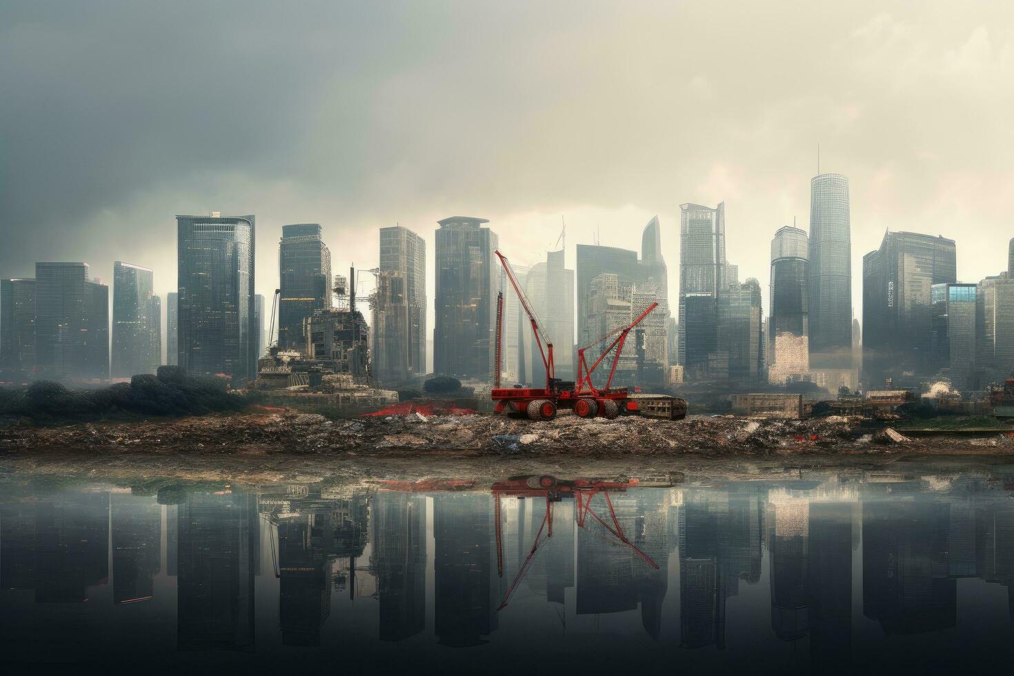 aérien vue de une construction site sur une brumeux jour, déprimant le paysage urbain avec le construction de Nouveau bâtiments, ai généré photo