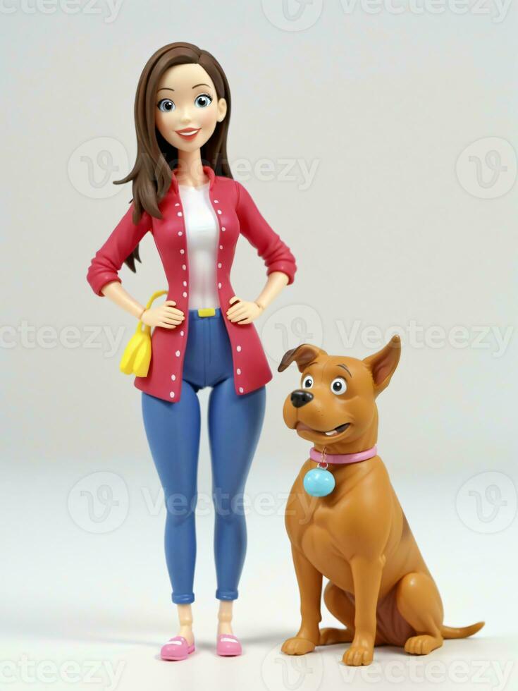 une 3d jouet dessin animé femme permanent avec sa chien sur une blanc Contexte. ai généré photo