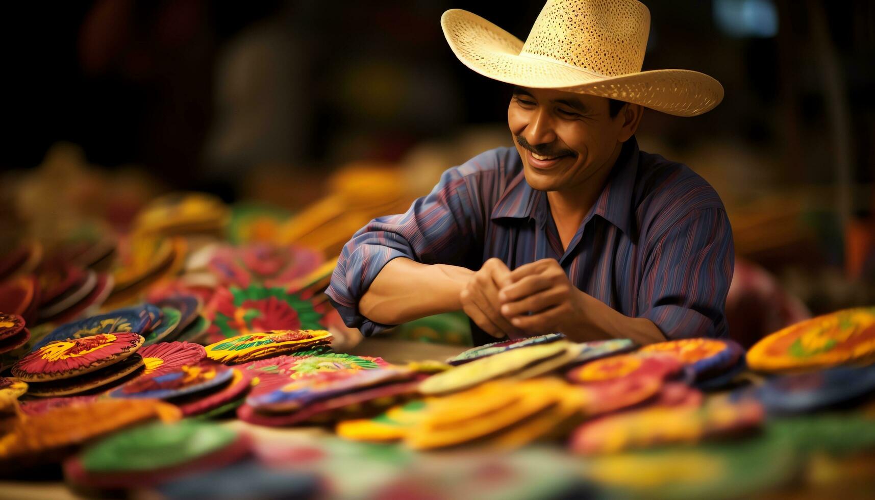 une homme dans une coloré chapeau est travail sur une chapeau ai généré photo