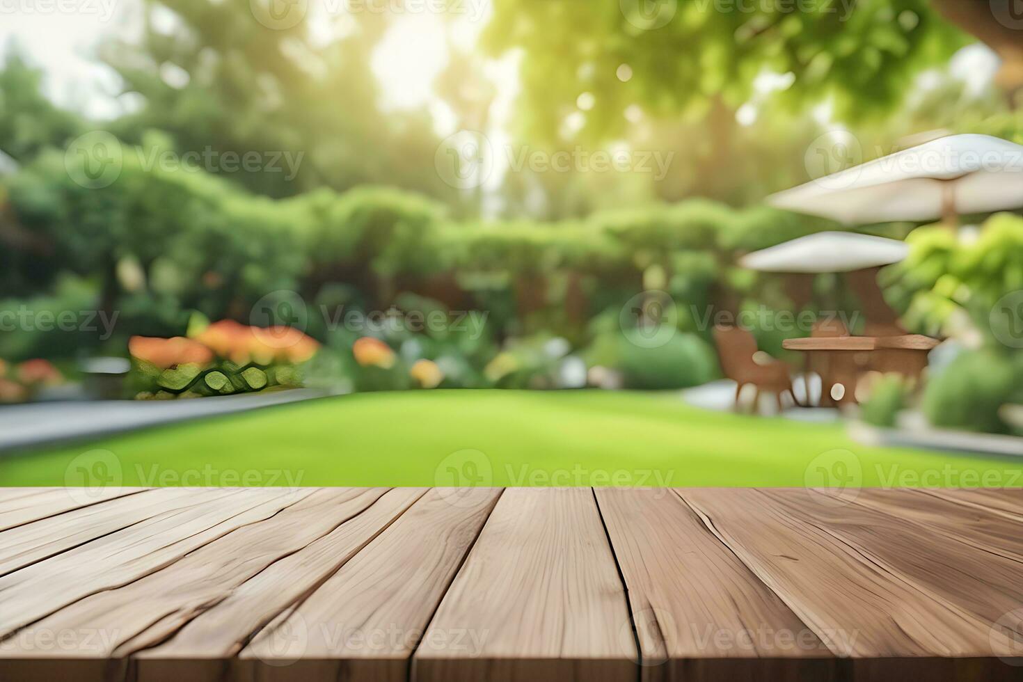 bois table produit présentation avec flou jardin Contexte par ai génératif photo