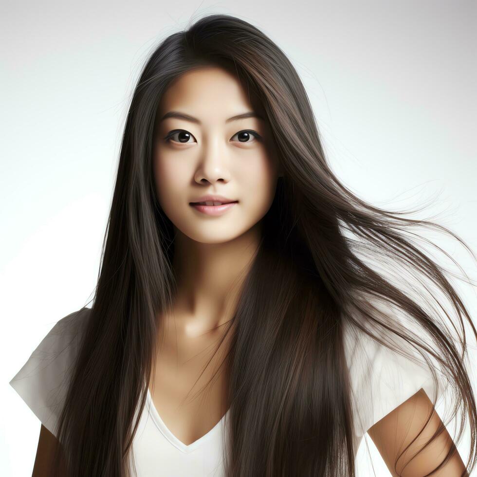 magnifique asiatique femme dans blanc robe ai généré photo