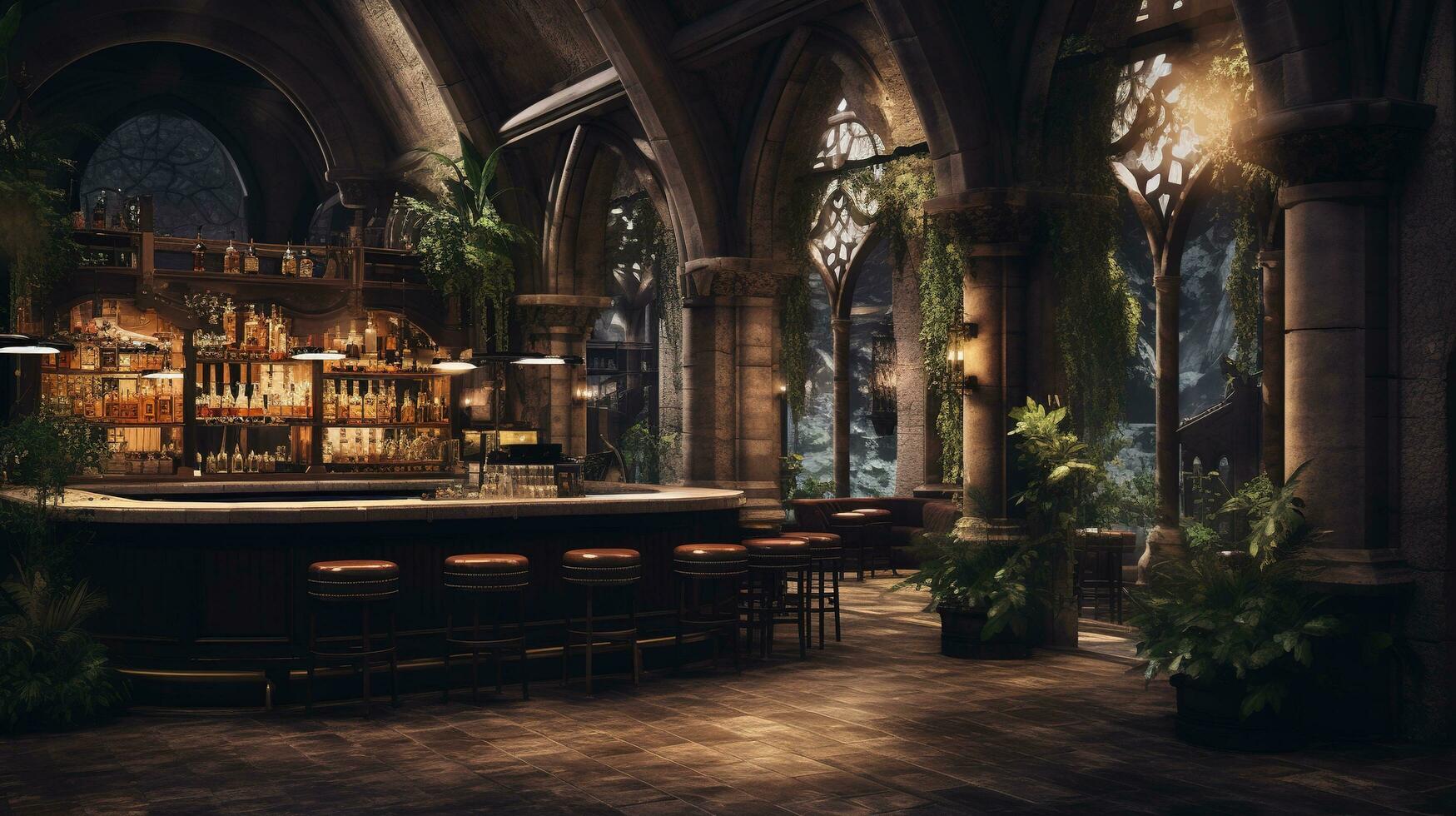 génératif ai, cathédrale antique intérieur avec bar ou pub à l'intérieur, gothique église style photo