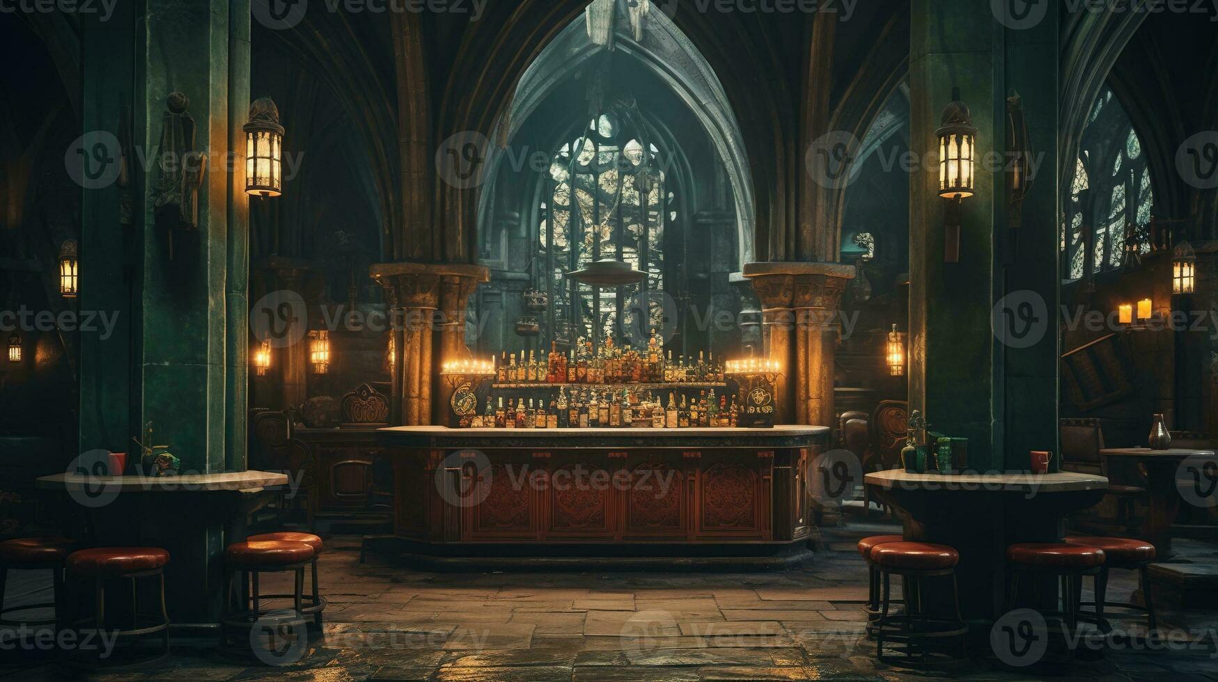 génératif ai, cathédrale antique intérieur avec bar ou pub à l'intérieur, gothique église style photo