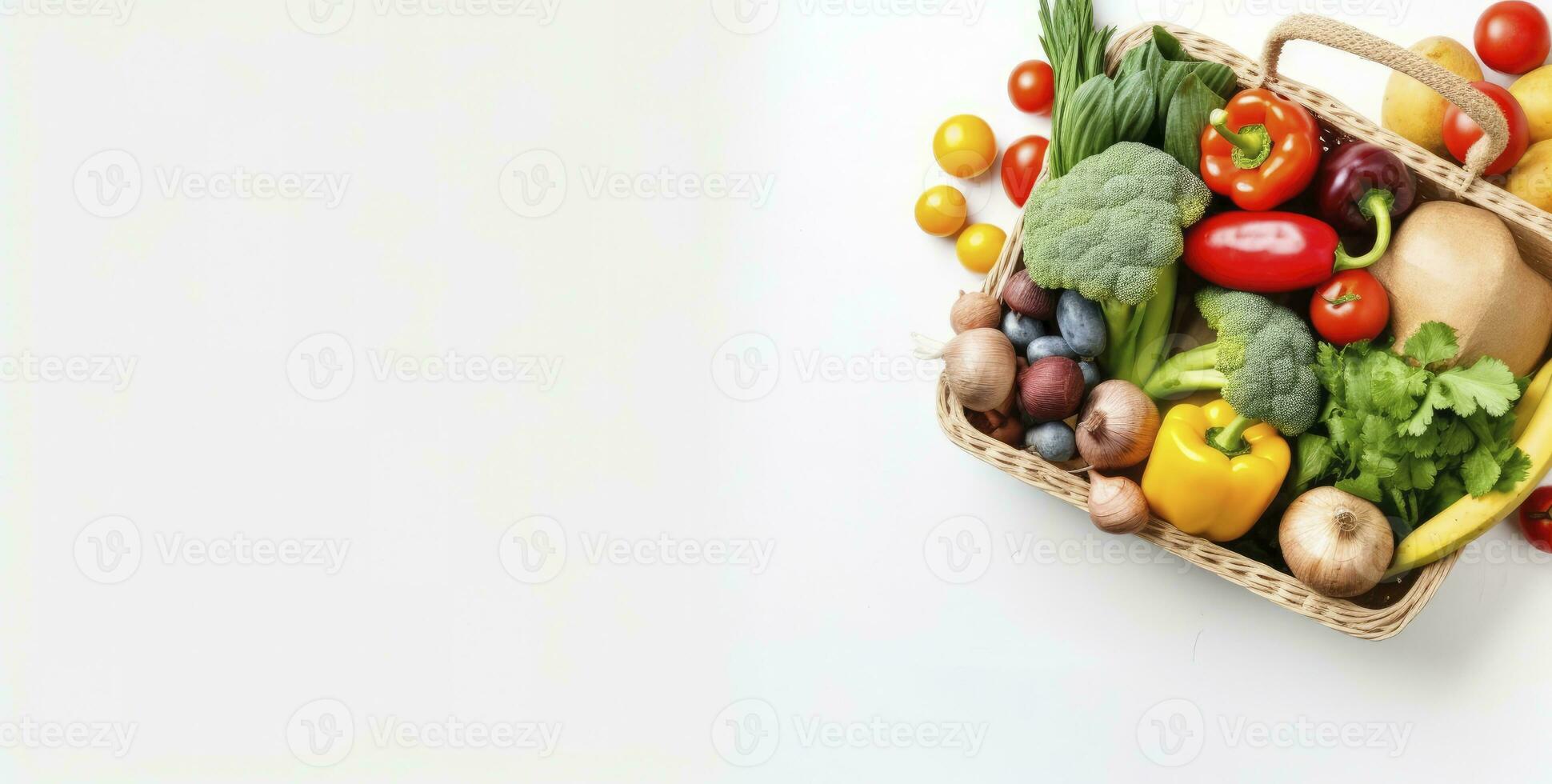 en bonne santé nourriture dans papier sac des légumes et des fruits sur blanc Contexte. ai généré photo