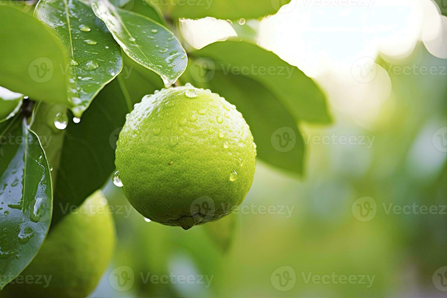 proche en haut de humide citron vert sur branche. ai généré photo