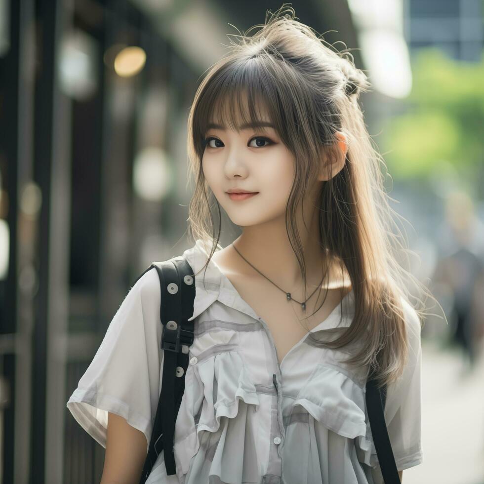 magnifique asiatique fille portant décontractée tenue génératif ai photo