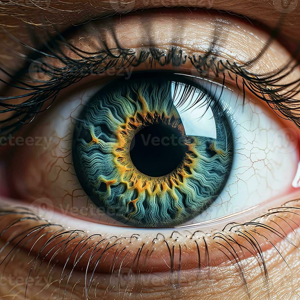 une femme yeux, gris-bleu couleur, rétréci avec colère , généré par ai photo