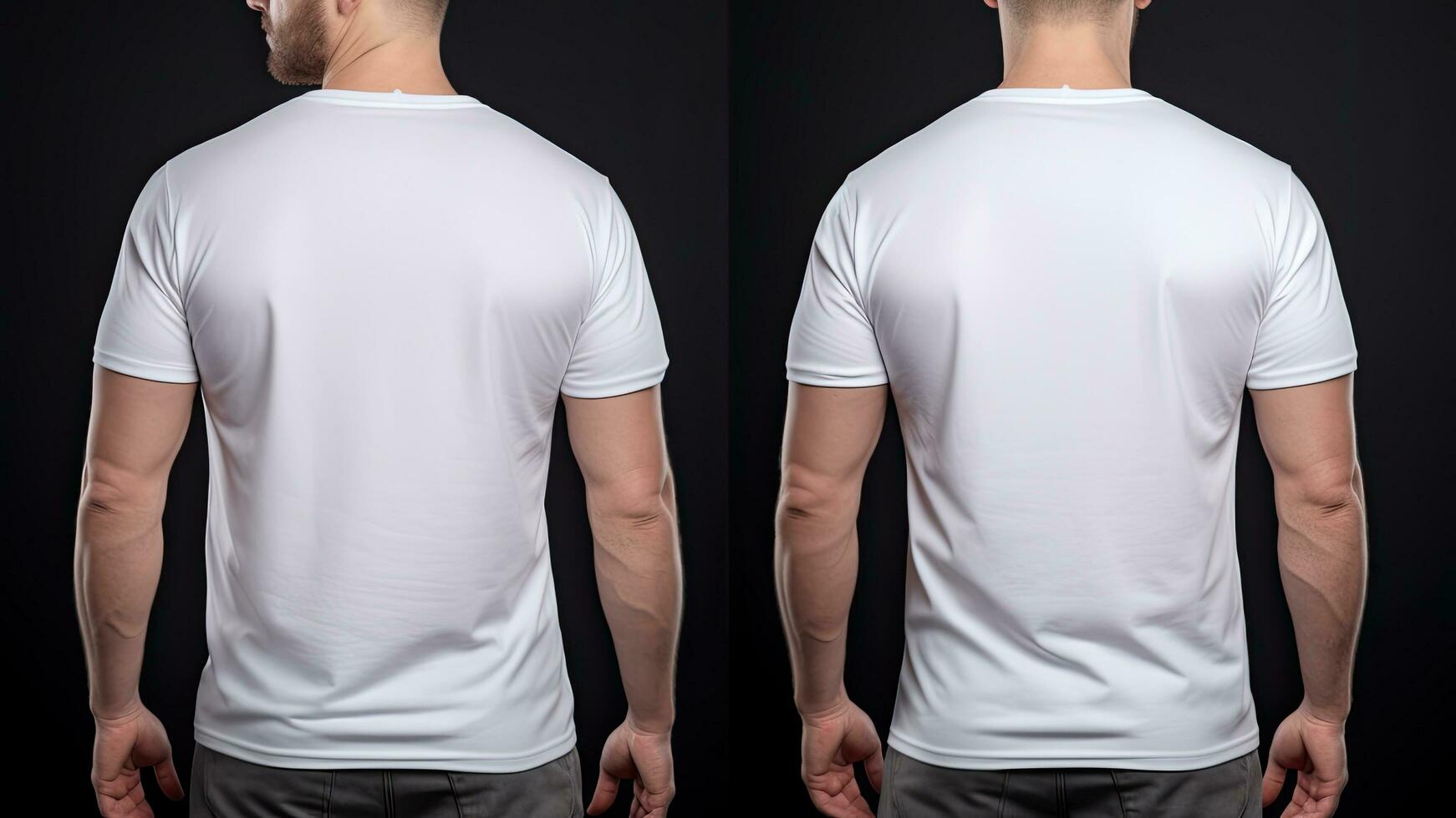 Vide blanc T-shirt modèle de face et retour vue isolé sur noir arrière-plan, Masculin modèle portant une Facile blanc polo chemise sur une noir arrière-plan, de face vue et retour voir, ai généré photo