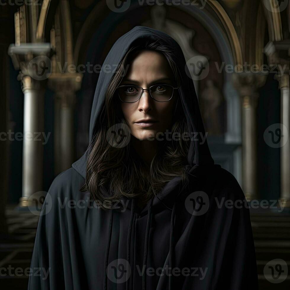 52 année vieux noir aux cheveux italien femmes avec des lunettes dans une foncé encapuchonné peignoir dans un ancien cathédrale à la recherche dans le caméra menaçant avec Puissance , généré par ai photo