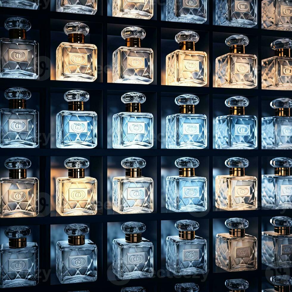 mur de givré parfum bouteilles. elles ou ils sont empilés sur Haut de l'un l'autre et côté par côté , généré par ai photo