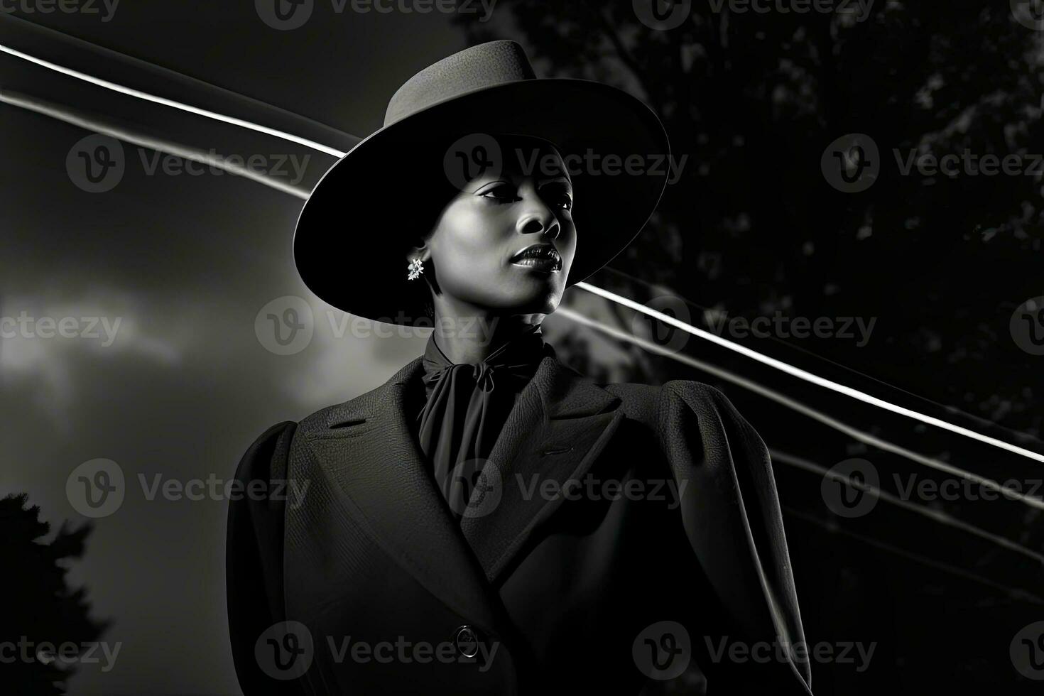 noir femme portrait dans Naturel lumière avec chapeau , généré par ai photo