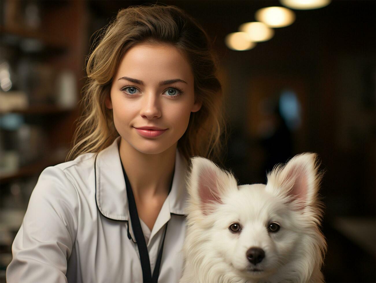 ai généré magnifique femelle vétérinaire médecin étreint mignonne content chien dans vétérinaire clinique. animal de compagnie santé vérifier. photo