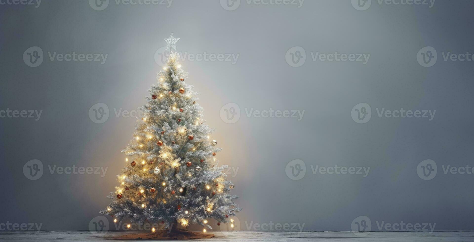 Noël arbre avec blanc lumières sur joyeux Noël Contexte. ai généré photo