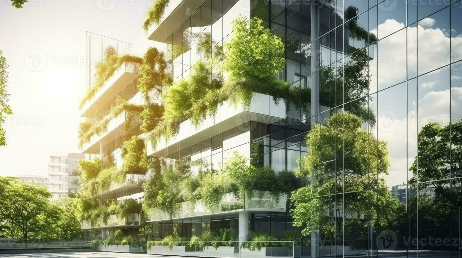 respectueux de la nature Bureau bâtiment avec moderne verre conception dans le Urbain paysage urbain. ai généré photo
