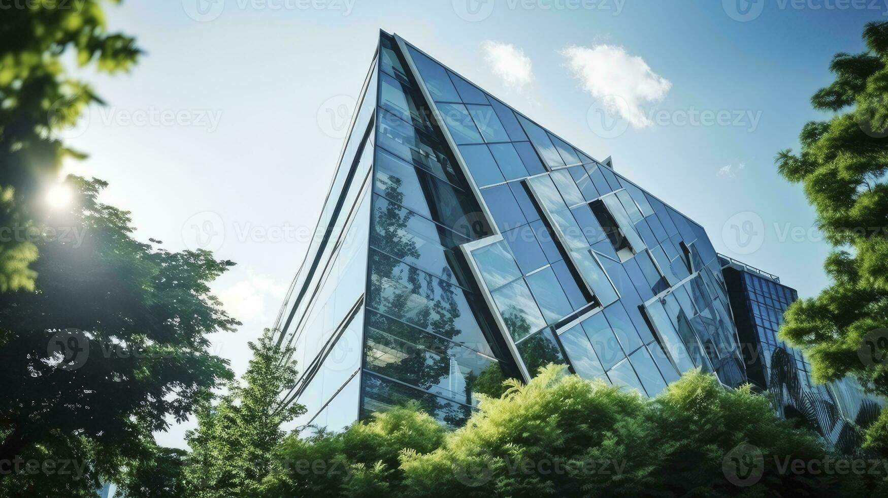 respectueux de la nature Bureau bâtiment avec moderne verre conception dans le Urbain paysage urbain. ai généré photo