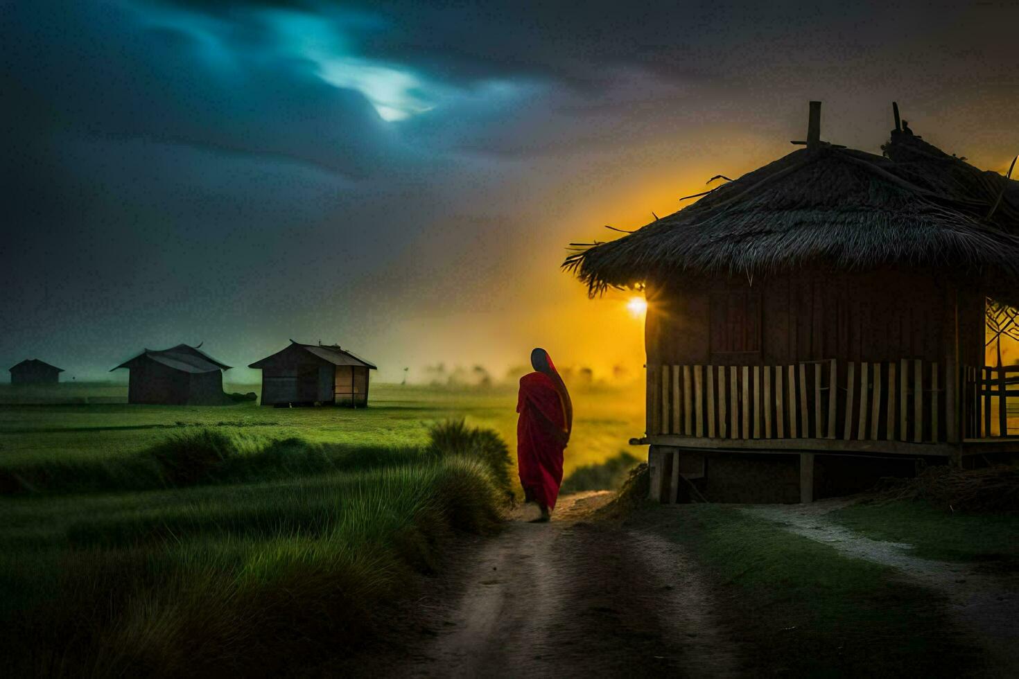 une femme dans rouge des promenades vers une cabane dans le milieu de une riz champ. généré par ai photo