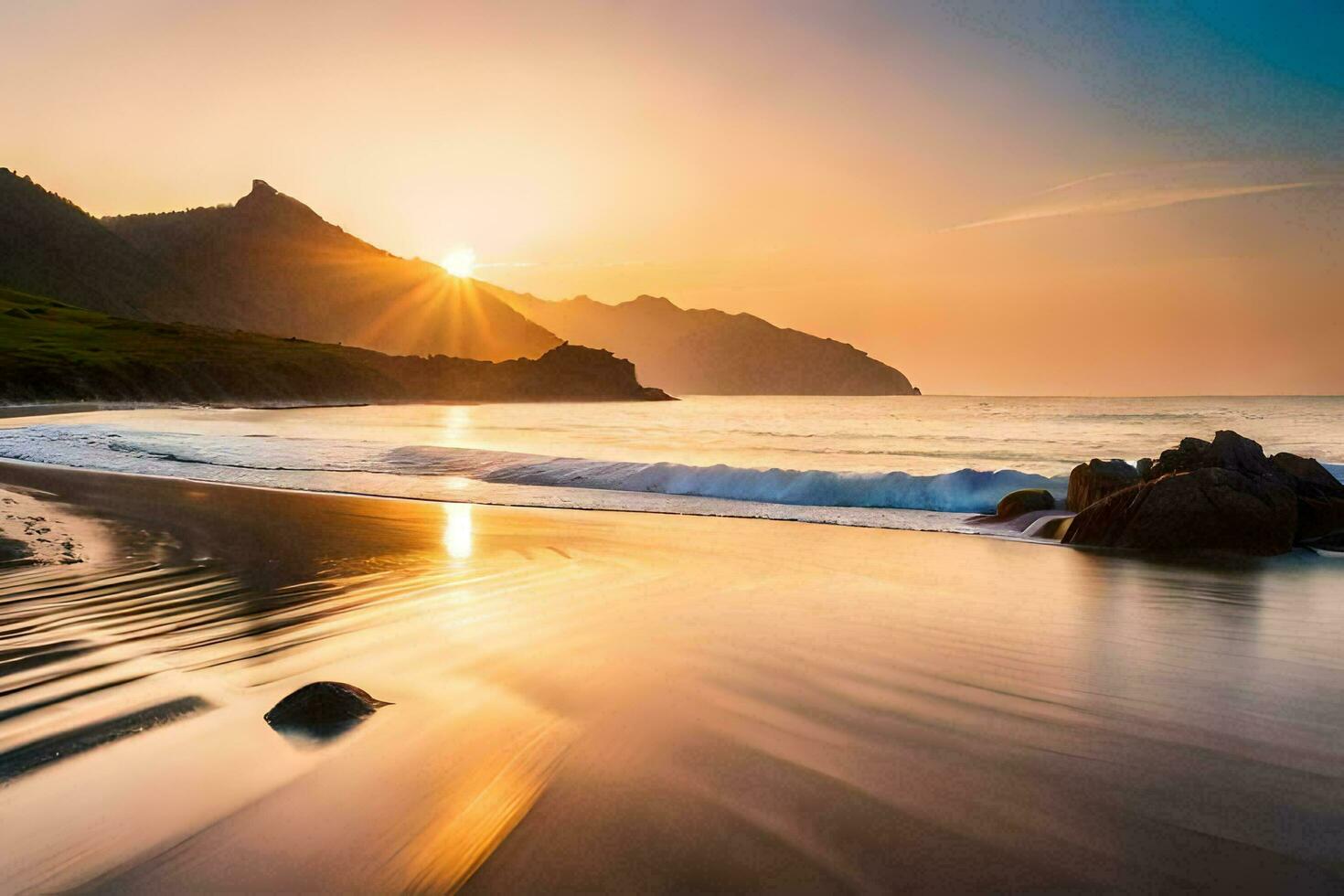 le Soleil monte plus de le océan et montagnes. généré par ai photo