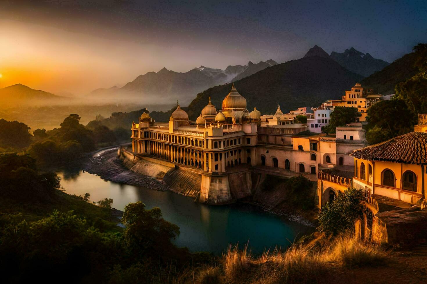le Soleil ensembles plus de le palais dans Inde. généré par ai photo