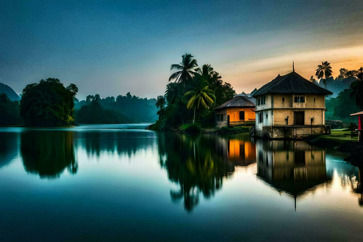 une maison est assis sur le rive de une Lac à le coucher du soleil. généré par ai photo