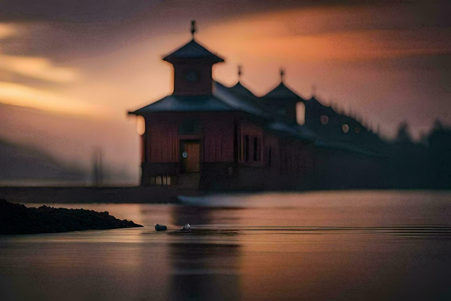 une bateau est assis sur le l'eau à le coucher du soleil. généré par ai photo