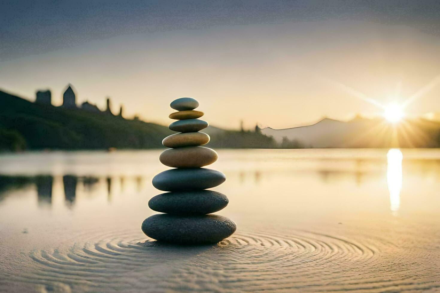 une empiler de des pierres sur le plage à le coucher du soleil. généré par ai photo