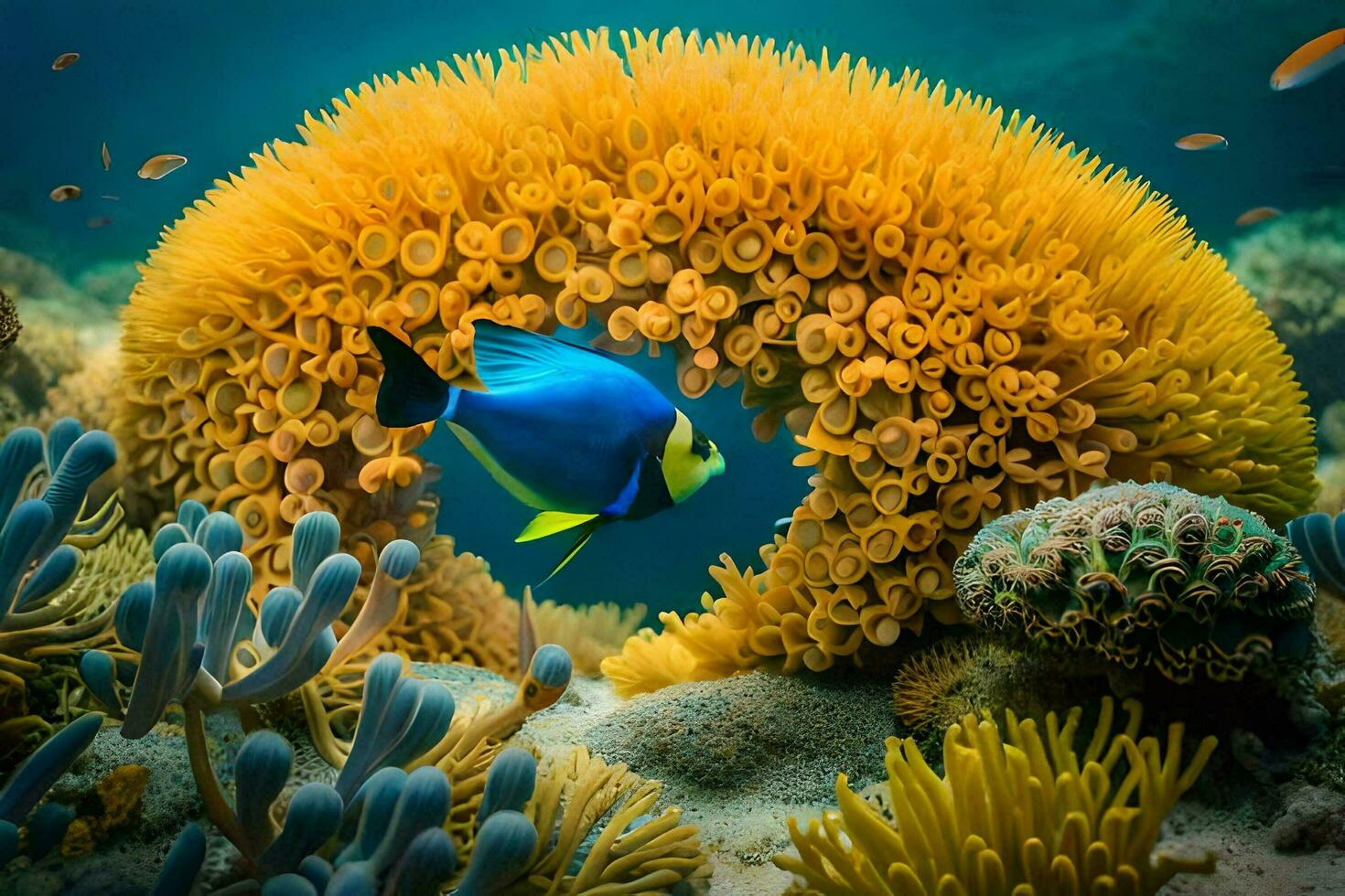 une bleu et Jaune poisson nage dans le océan. généré par ai photo