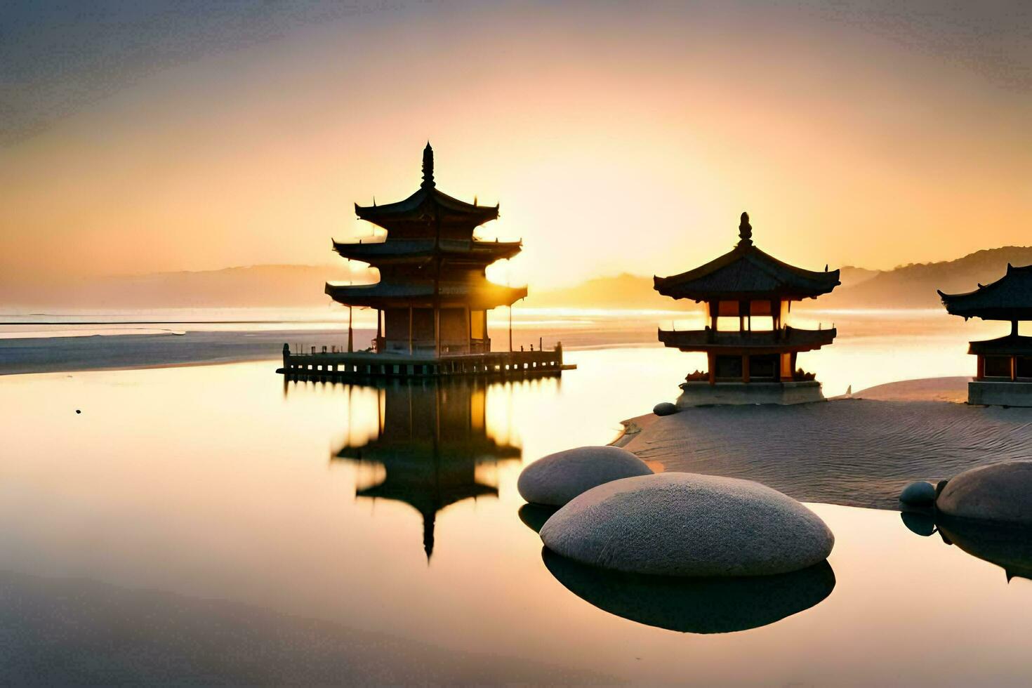 une pagode et deux rochers dans le l'eau à le coucher du soleil. généré par ai photo