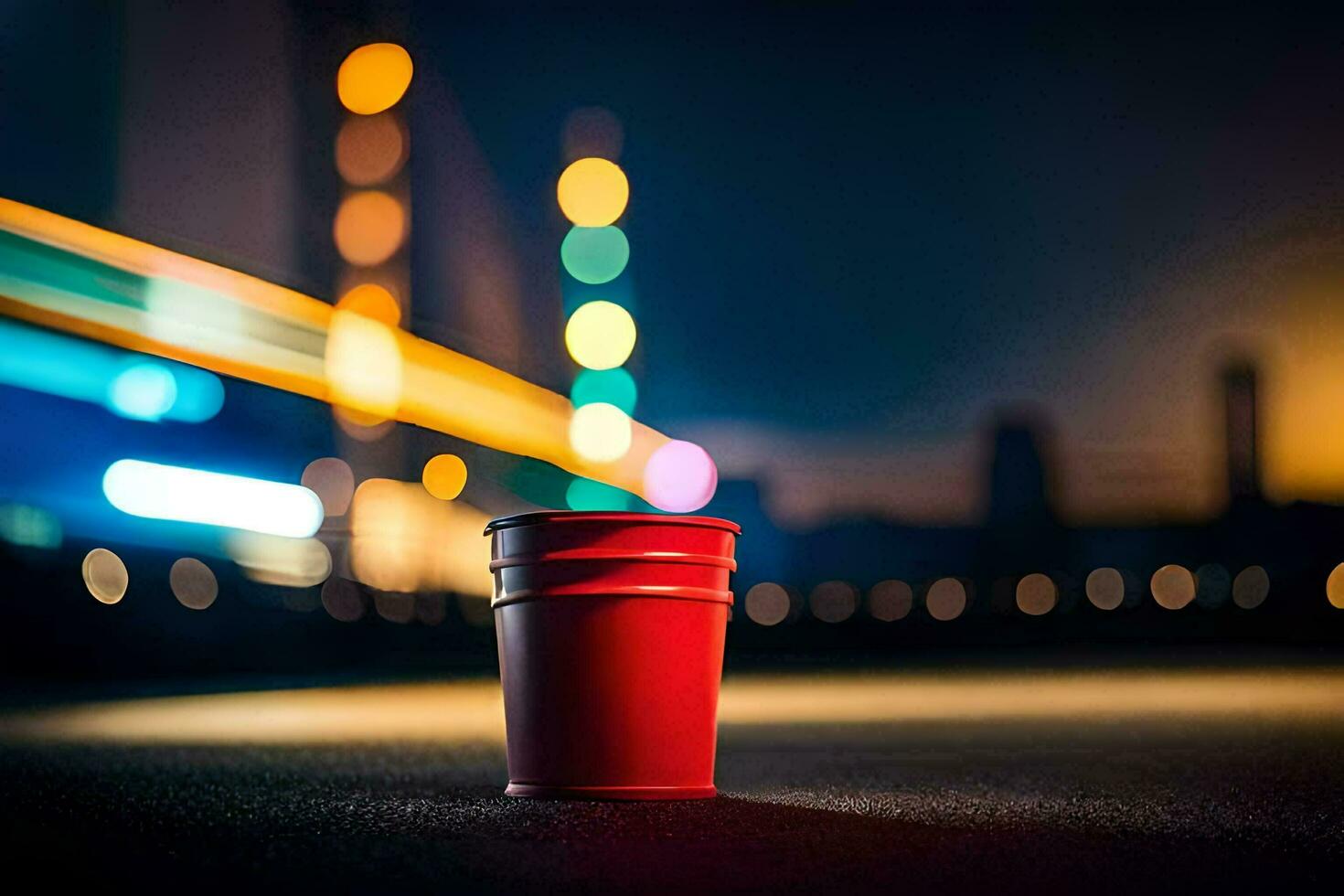 une rouge tasse séance sur le sol dans de face de une ville. généré par ai photo