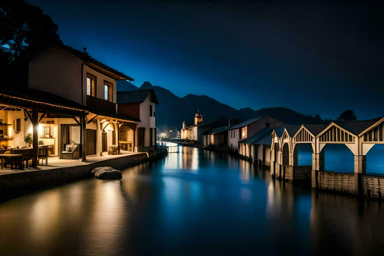 une canal dans le milieu de une ville à nuit. généré par ai photo