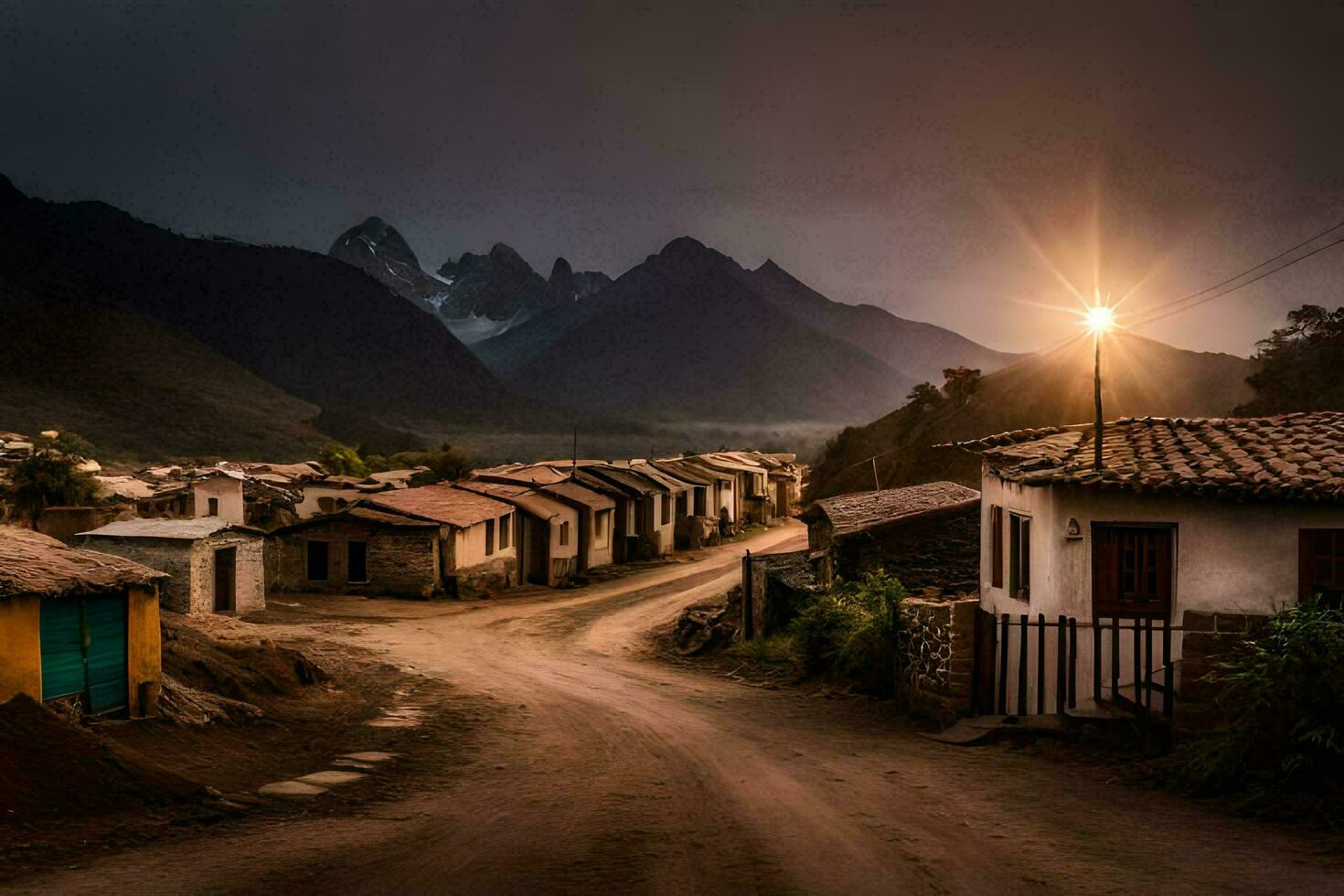 une saleté route dans le milieu de une village avec montagnes dans le Contexte. généré par ai photo