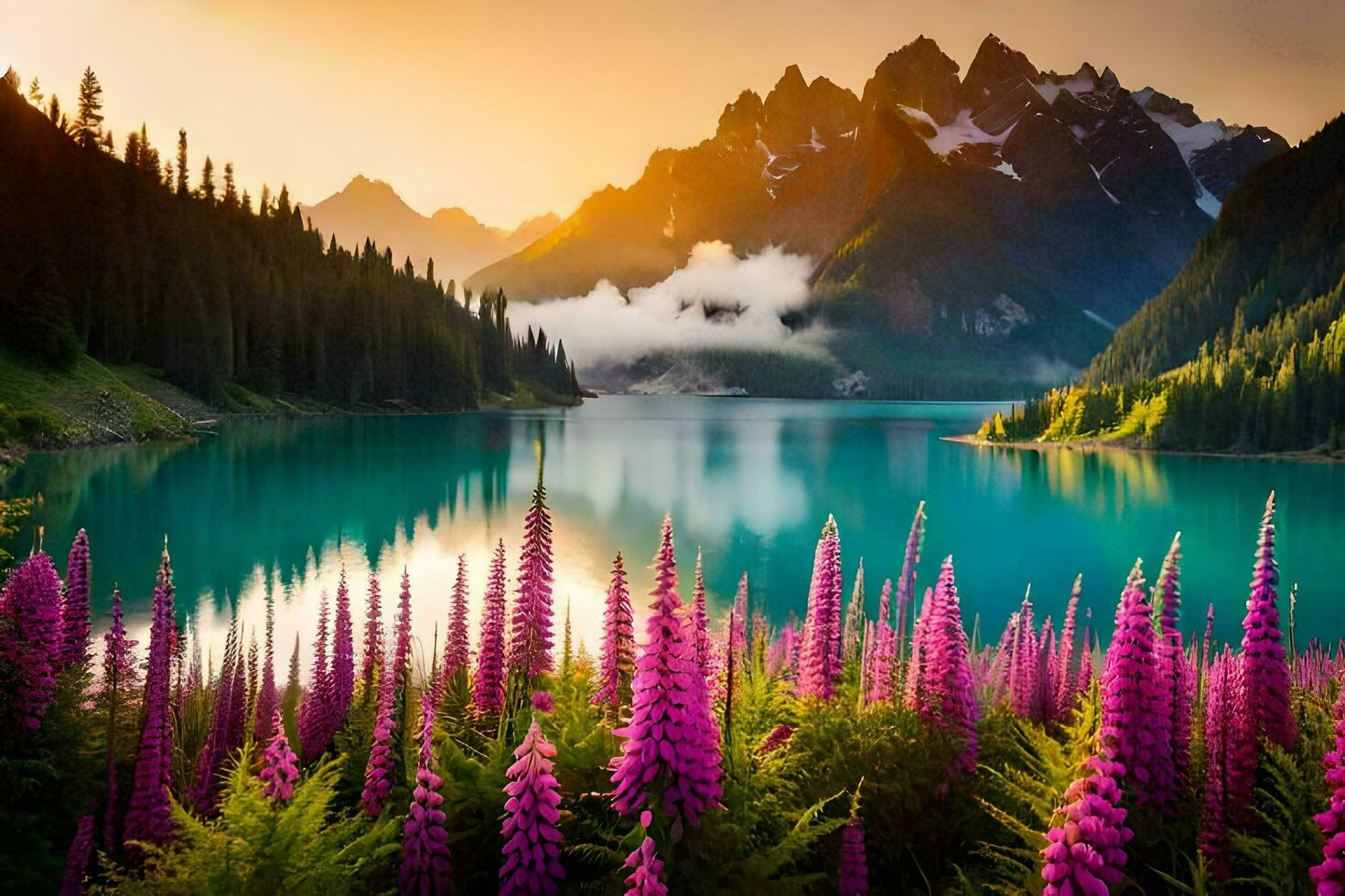 le Lac est entouré par violet fleurs et montagnes à le coucher du soleil. généré par ai photo