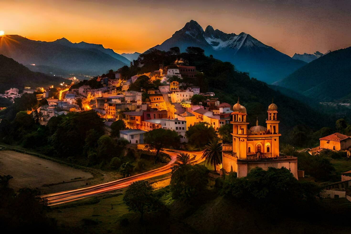 photo fond d'écran le ciel, montagnes, coucher de soleil, le village, le ville, le ville, le. généré par ai