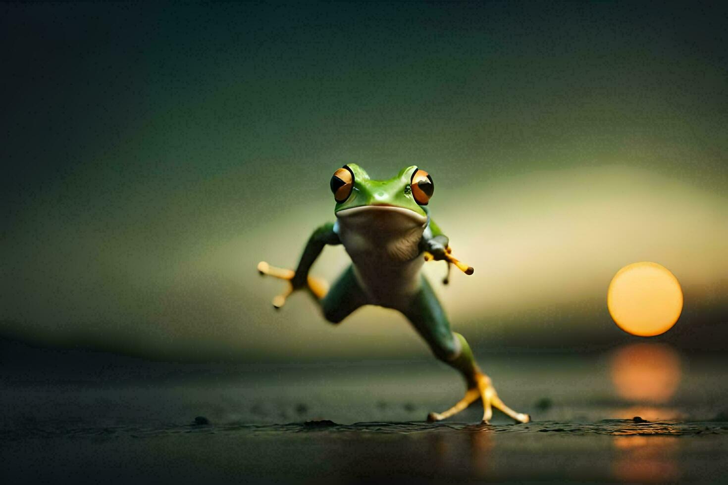 une grenouille sauter sur le sol avec une le coucher du soleil dans le Contexte. généré par ai photo