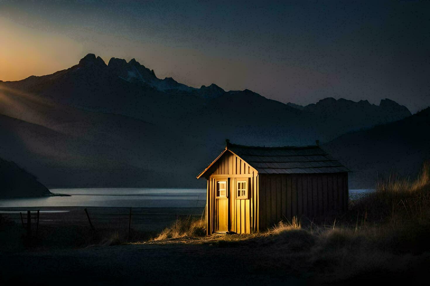 le Soleil monte plus de une petit cabane dans le milieu de une champ. généré par ai photo