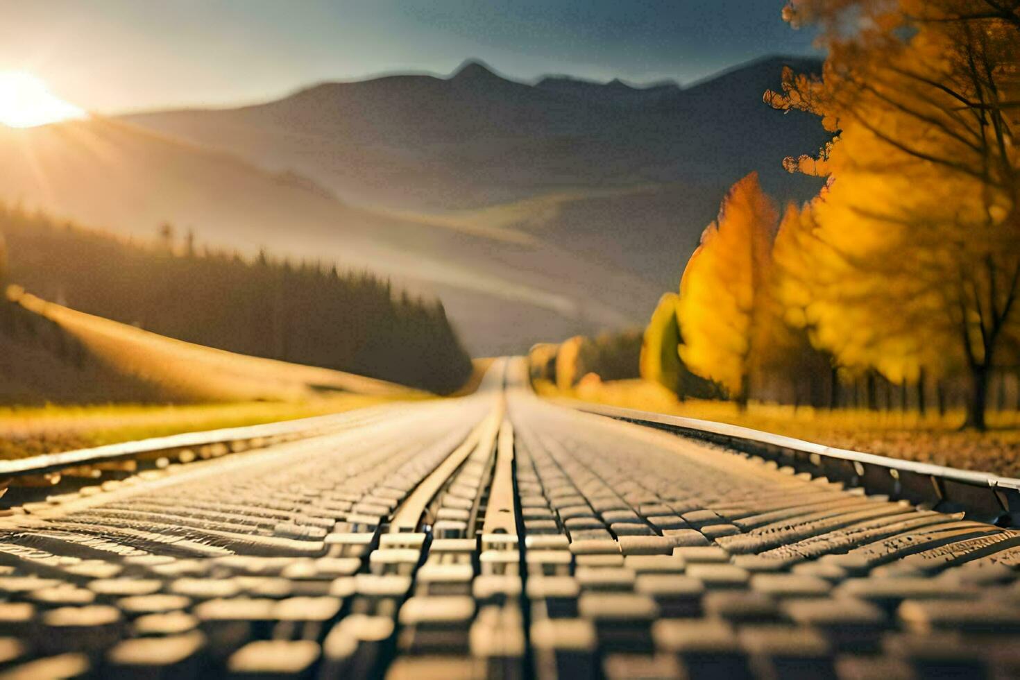 une chemin de fer Piste dans le milieu de une champ avec le Soleil brillant. généré par ai photo