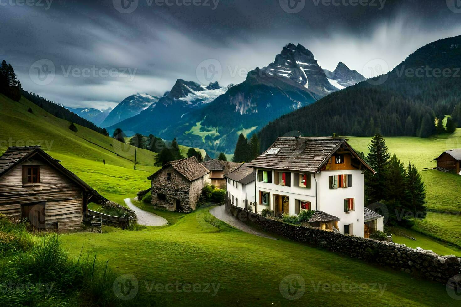 le village de la personne dans le Alpes. généré par ai photo