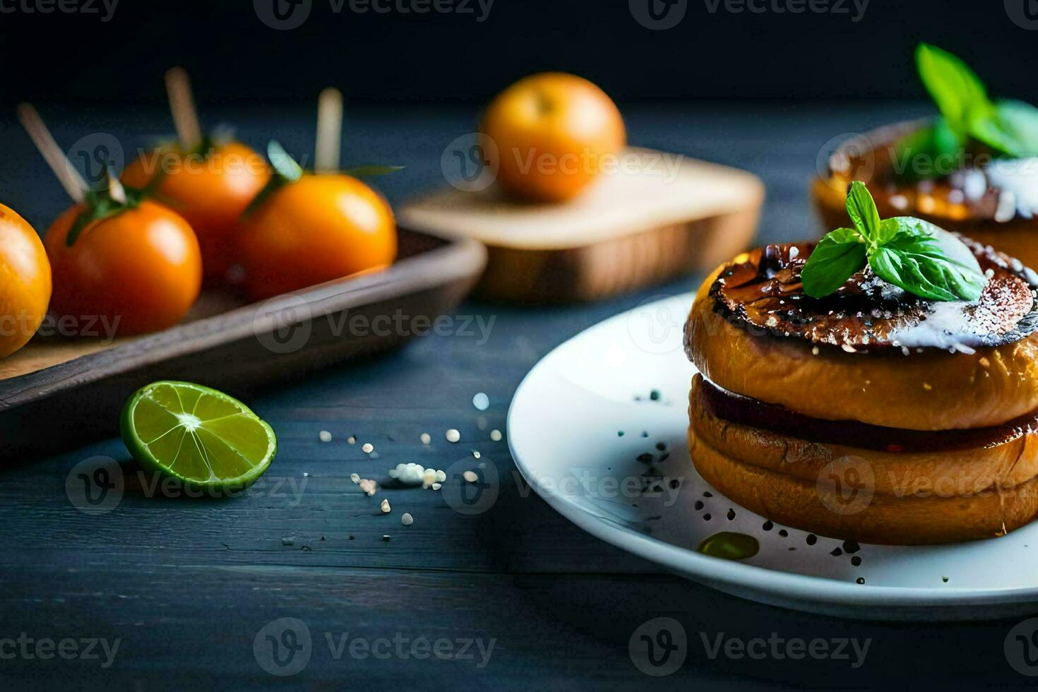 une assiette avec deux des sandwichs et tomates. généré par ai photo