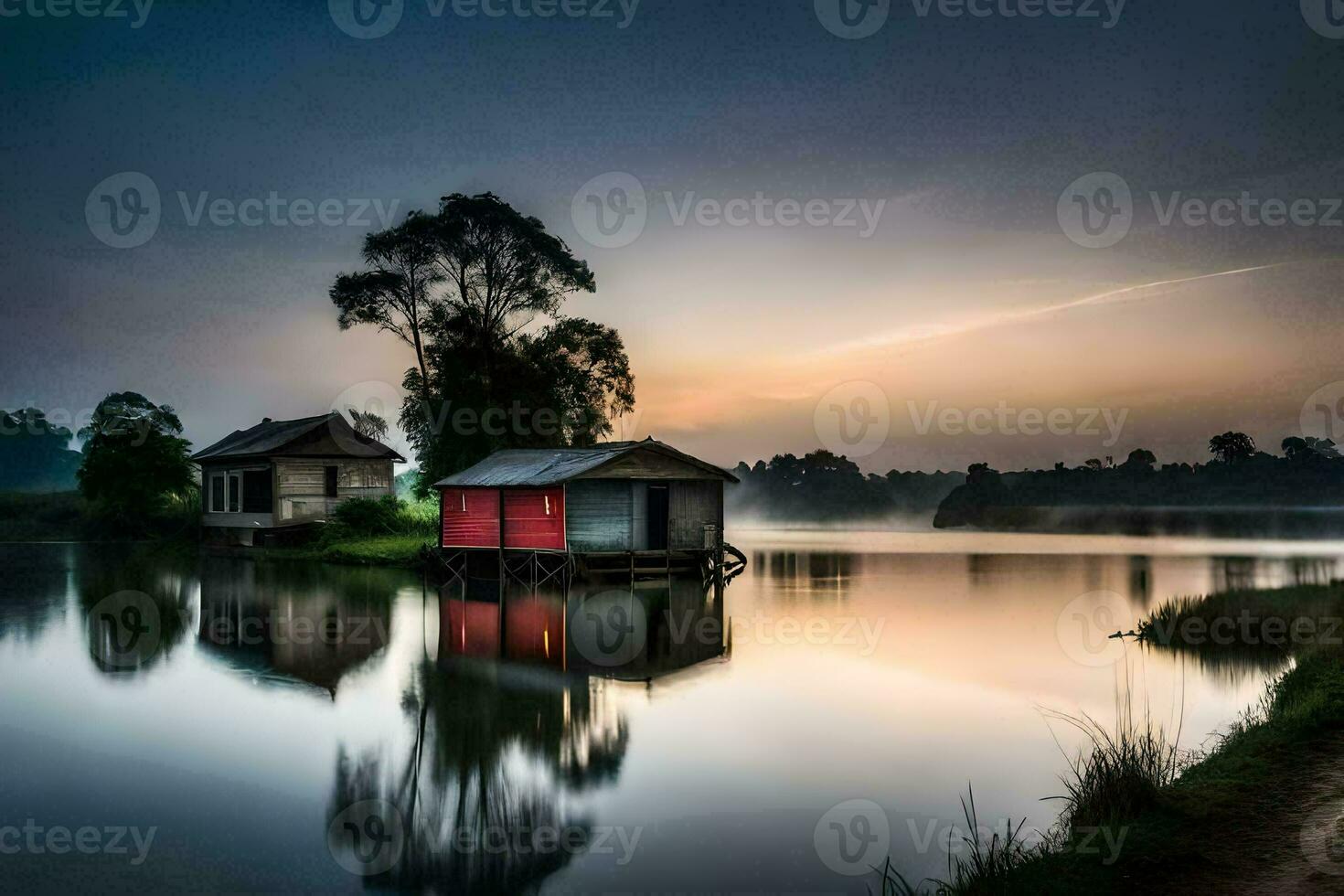 une maison sur le l'eau à lever du soleil. généré par ai photo