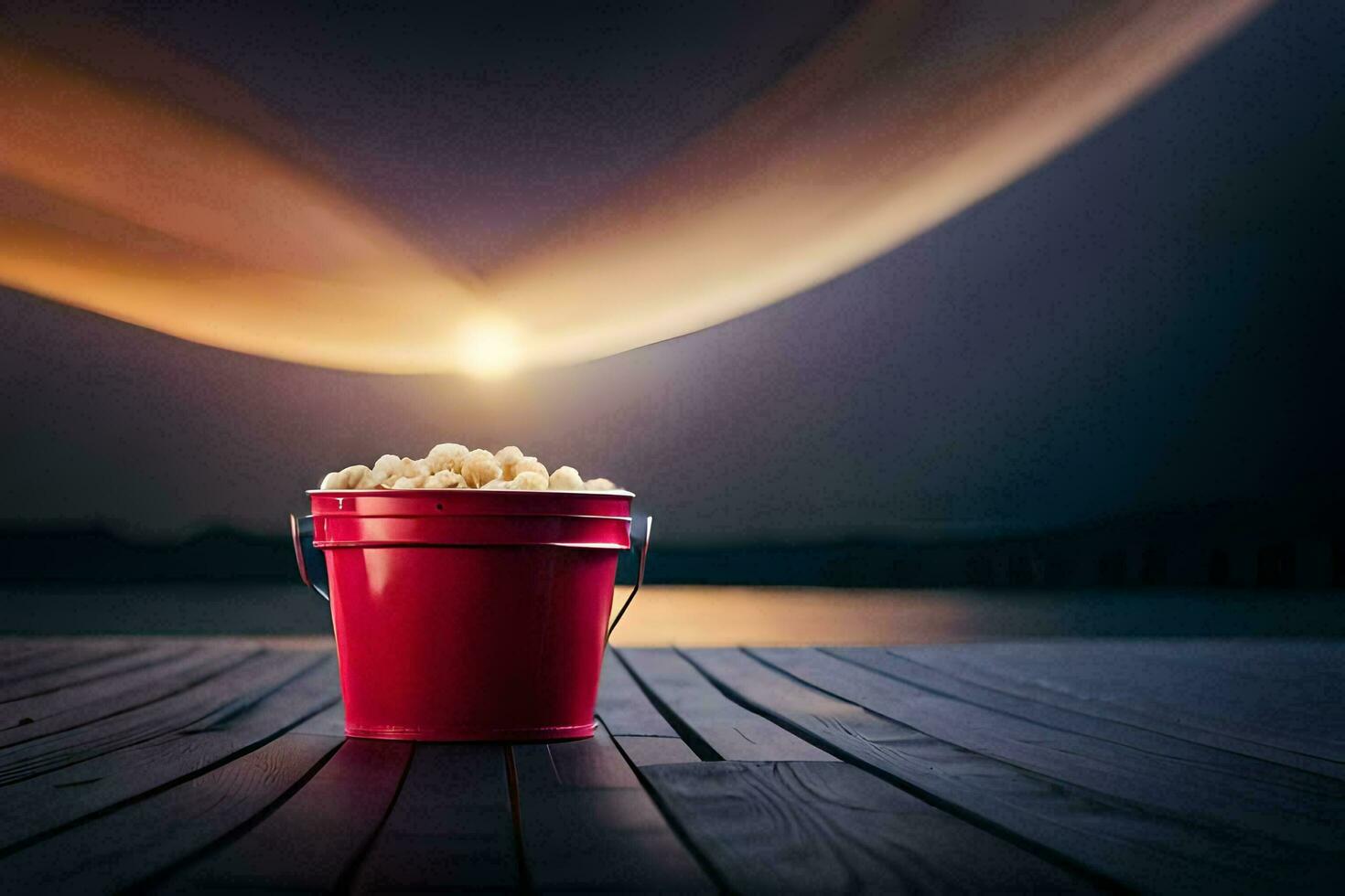 une rouge seau de pop corn sur une en bois tableau. généré par ai photo