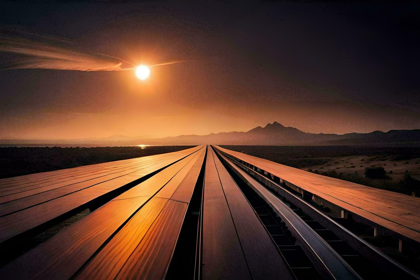 une longue train Piste avec le Soleil réglage derrière il. généré par ai photo