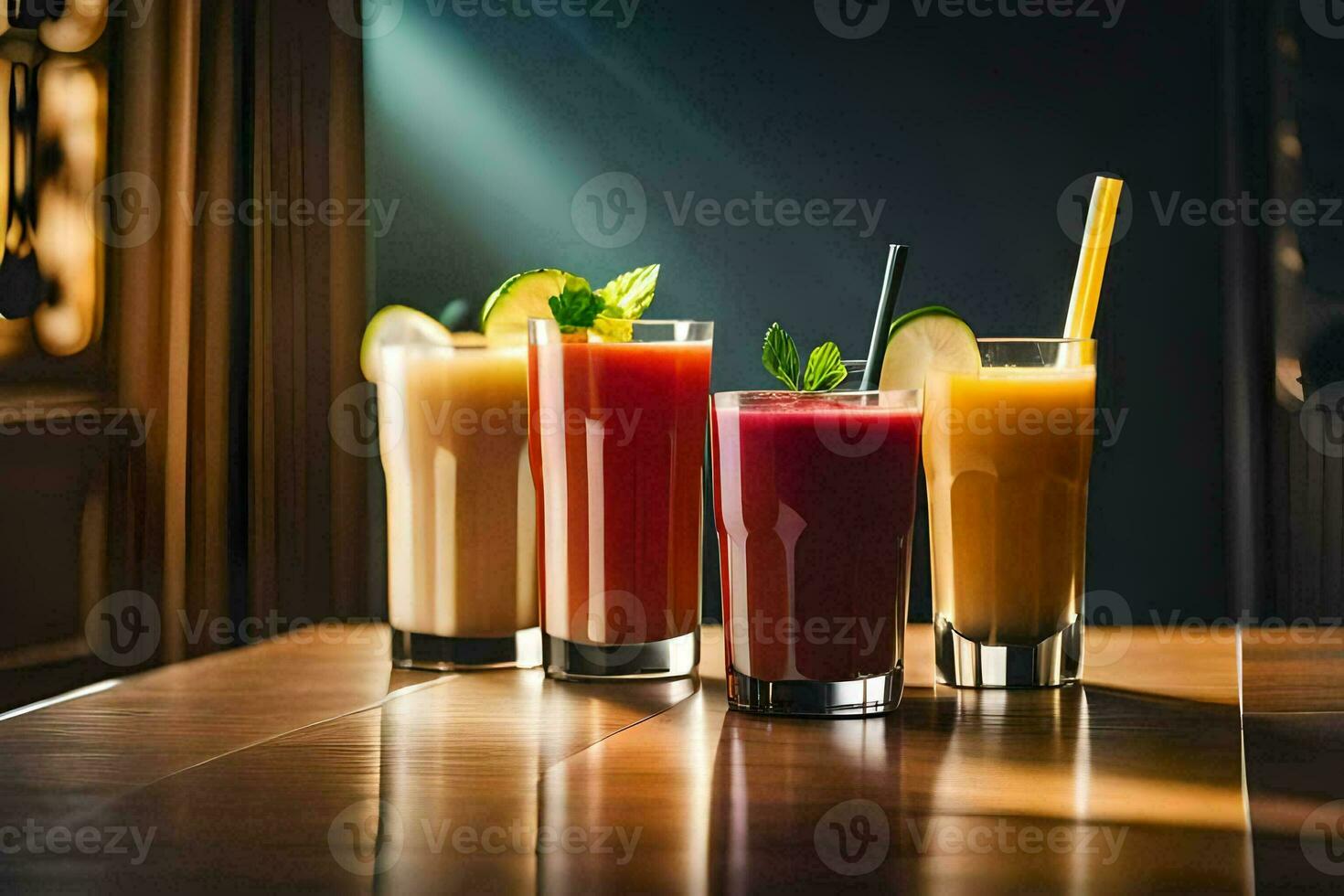 quatre différent les types de jus sont doublé en haut sur une tableau. généré par ai photo