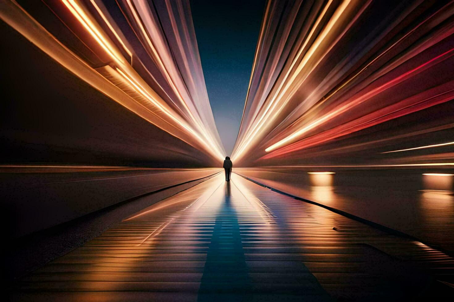 une homme permanent dans le milieu de une longue tunnel. généré par ai photo