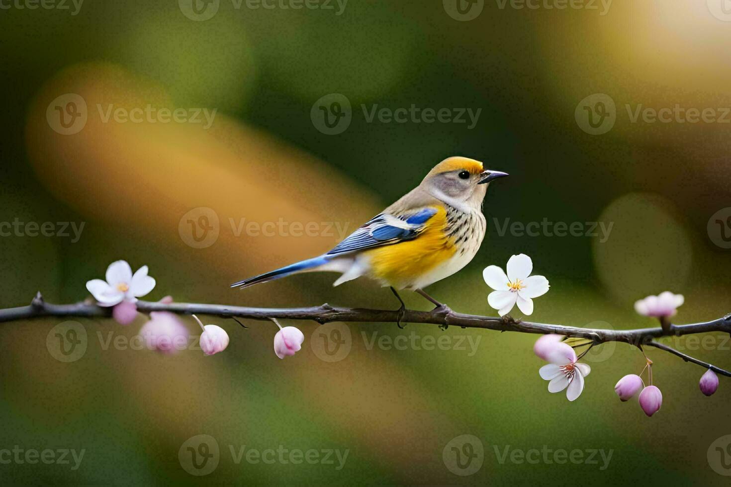 une oiseau est assis sur une branche avec fleurs. généré par ai photo