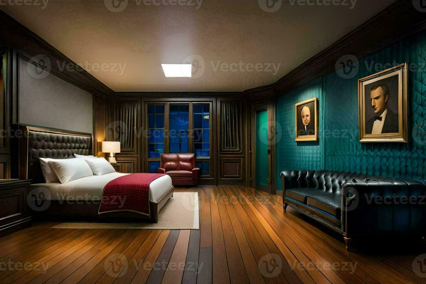 une chambre avec une lit, une canapé et une peinture. généré par ai photo