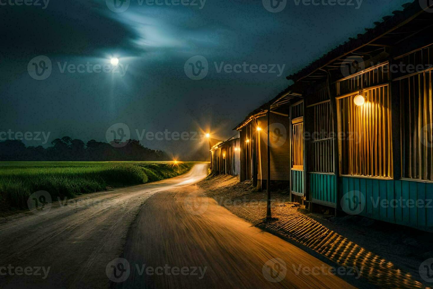 une longue route avec une maison et une lune dans le ciel. généré par ai photo