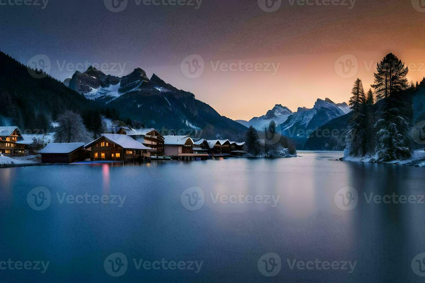 une Lac et Montagne intervalle à le coucher du soleil. généré par ai photo