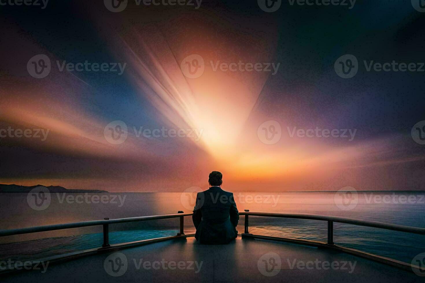 une homme séance sur une Dock à la recherche à le le coucher du soleil. généré par ai photo