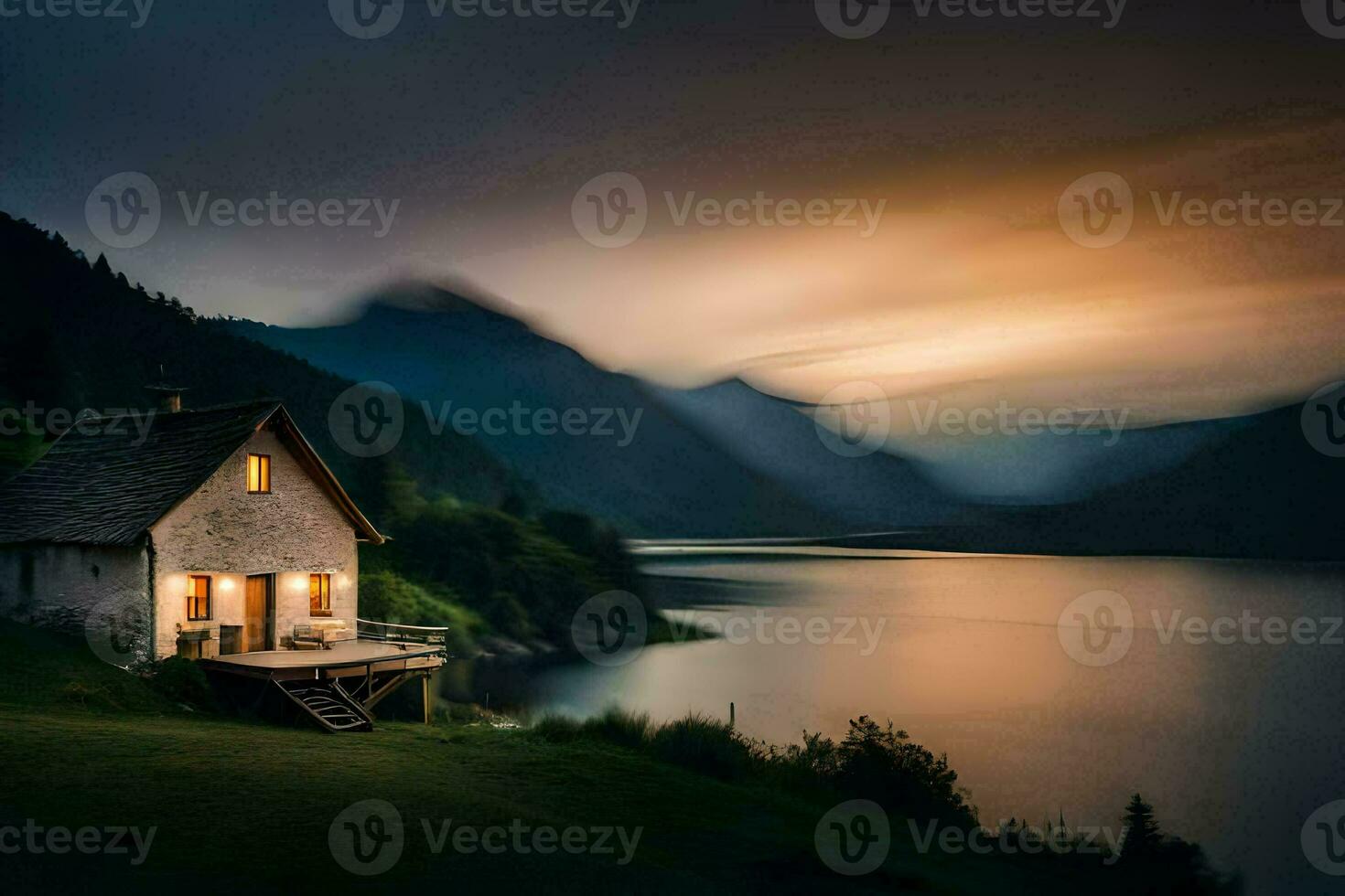 une petit cabine est assis sur le bord de une Lac à le coucher du soleil. généré par ai photo